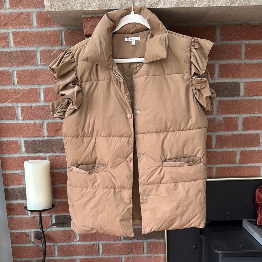 Tan Ruffled Sleeve Puffer Vest